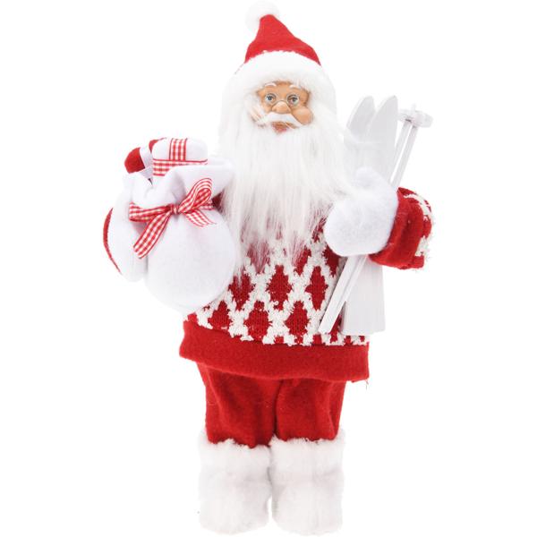 Deko-Weihnachtsmann Figur mit Schneestiefeln & Ski - Fröhlicher Samichlaus für Weihnachtsdeko Zuhause - 20x10x30 cm- Inkl. Geschenkesack