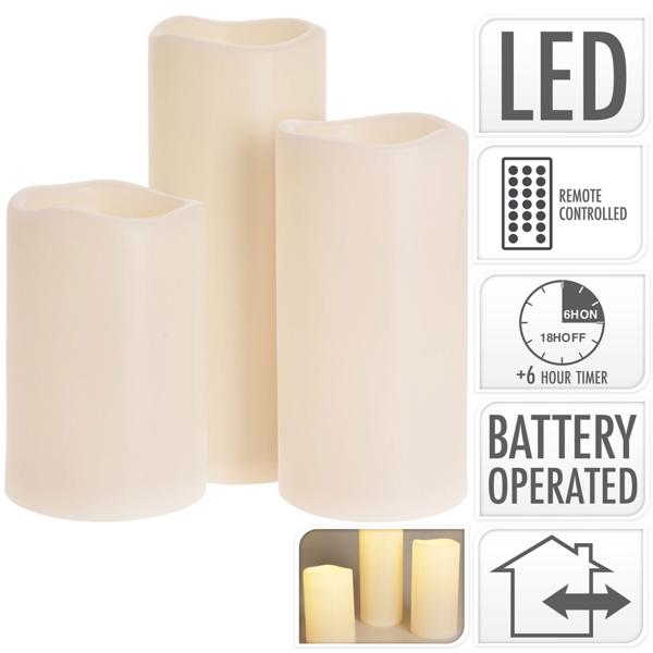 LED Kerzen 3er Set creme mit Fernbedienung & Dimmfunktion - Täuschend echt flackernd - IP44 wetterfest für eine gemütliche Atmosphäre