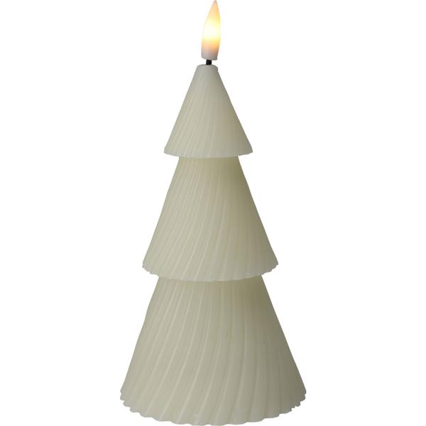 LED-Kerze Tannenbaum - Warmweiss flackernd - Ø 7,5 x 11 cm - Mit 6/18h Timerfunktion - Elfenbeinfarbe - Batteriebetrieben (2x AAA) - Weihnachtsdeko