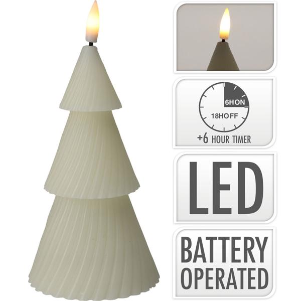 LED-Kerze Tannenbaum - Warmweiss flackernd - Ø 7,5 x 11 cm - Mit 6/18h Timerfunktion - Elfenbeinfarbe - Batteriebetrieben (2x AAA) - Weihnachtsdeko