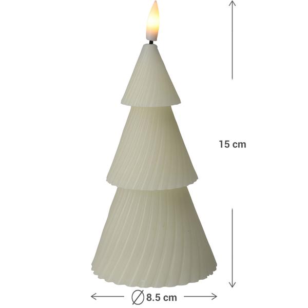 LED-Kerze Tannenbaum - warmweiss flackernd, batteriebetrieben, sicher & gemütlich - Ø 8,5 x 15 cm - mit Timer (6/18h) - Elfenbeinfarbe - Weihnachtsbaum Deko