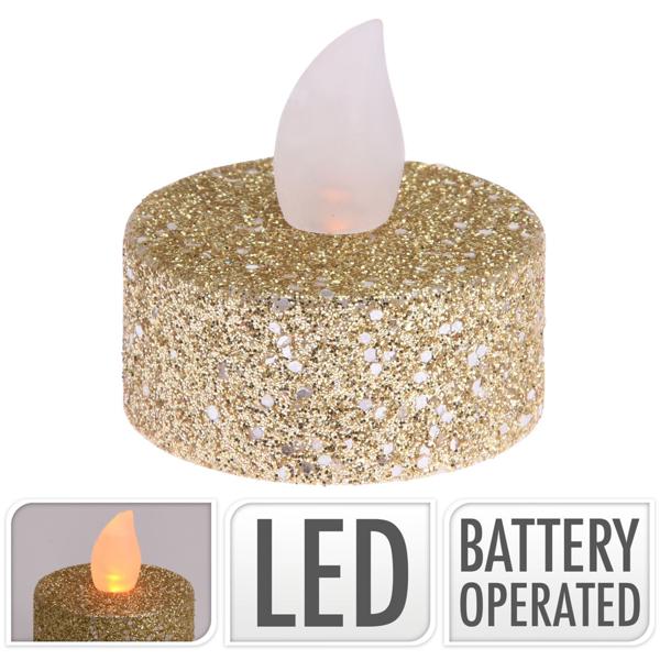 6x LED-Teelichter (Gold-Glitzer, 3,8x4cm): Flackernd, warmweiss - für Deko, Hochzeit, Weihnachten - Stimmungsvoll + sicher