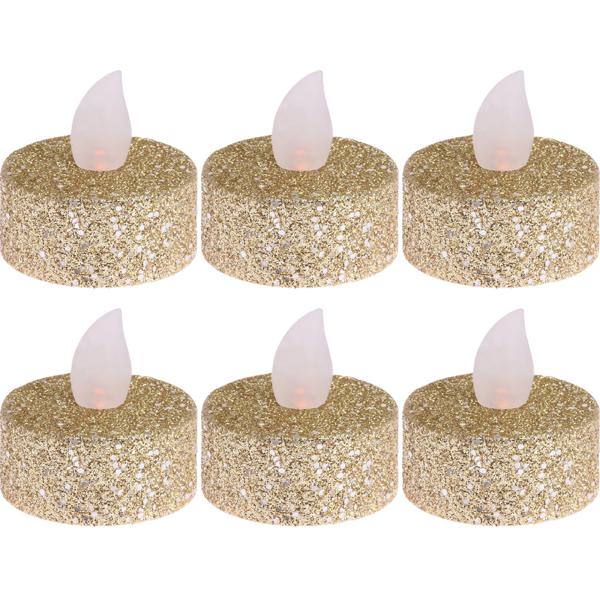 6x LED-Teelichter (Gold-Glitzer, 3,8x4cm): Flackernd, warmweiss - für Deko, Hochzeit, Weihnachten - Stimmungsvoll + sicher