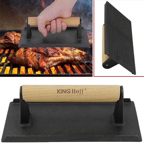 Fleischpresse Gusseisen für BBQ, Burger & Steaks - Gleichmässiges Plätten & Warmhalten - 21 x 10,8 cm, 1 kg, ergonomischer Holzgriff