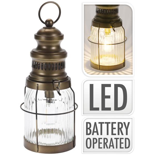 Retro LED-Laterne Industrial Vintage Stil - H29 cm Glas/Metall Bronze/Braun - Kabellos Batteriebetrieben mit Timerfunktion - Ideal für Drinnen & Draussen