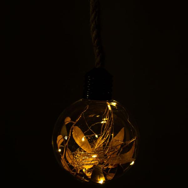 Glaskugel mit Goldblättern - 10 warmweisse LEDs, zum Aufhängen - Stilvolle Dekokugel für Herbst, Winter, Weihnachten & Advent - Ø 2 AA Batteriebetrieb