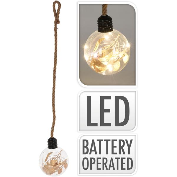 Glaskugel mit Goldblättern - 10 warmweisse LEDs, zum Aufhängen - Stilvolle Dekokugel für Herbst, Winter, Weihnachten & Advent - Ø 2 AA Batteriebetrieb