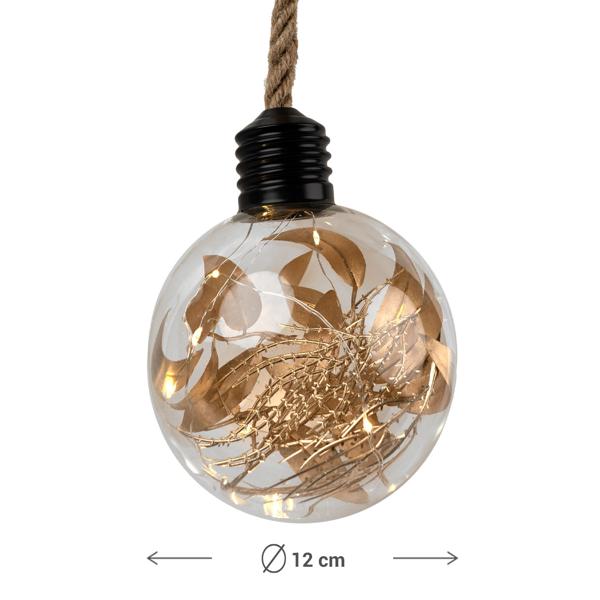 Glaskugel mit Goldblättern - 10 warmweisse LEDs, zum Aufhängen - Stilvolle Dekokugel für Herbst, Winter, Weihnachten & Advent - Ø 2 AA Batteriebetrieb