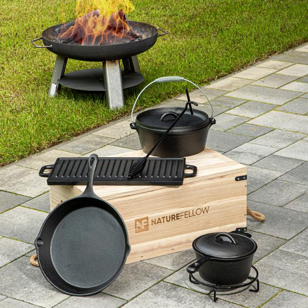 Hochwertiges Gusseisen-Grill-Set, 6-teilig + Holzkiste