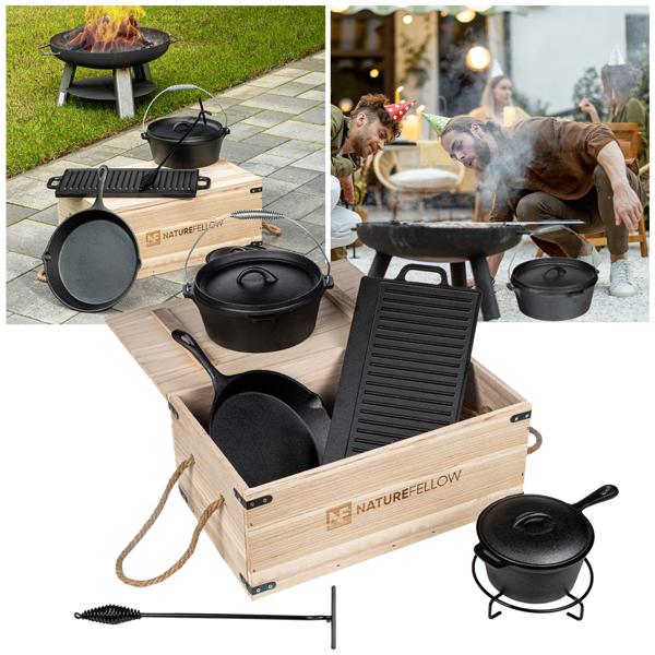 Hochwertiges Gusseisen-Grill-Set, 6-teilig + Holzkiste