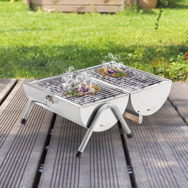 Kompakter Edelstahl Camping-Grill, 50 x 30 x 36,8 cm – Tragbarer Grill mit Holzgriff, für Outdoor-Abenteuer & Grillspass