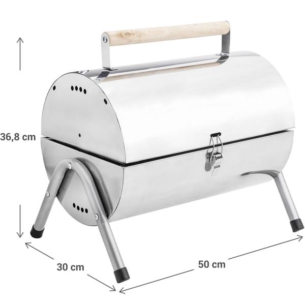Kompakter Edelstahl Camping-Grill, 50 x 30 x 36,8 cm – Tragbarer Grill mit Holzgriff, für Outdoor-Abenteuer & Grillspass