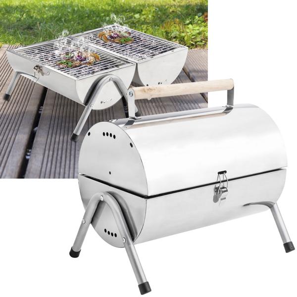 Kompakter Edelstahl Camping-Grill, 50 x 30 x 36,8 cm – Tragbarer Grill mit Holzgriff, für Outdoor-Abenteuer & Grillspass