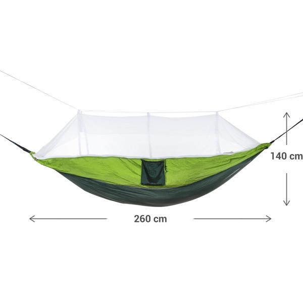 Hängematte mit Moskitonetz für ungestörte Nächte, 2,6 x 1,4 m, grün schwarz, Befestigung an Bäumen oder Ständern