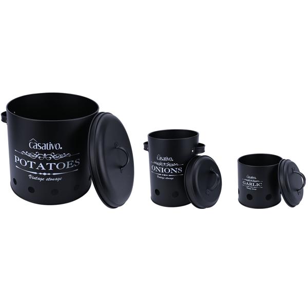 Stilvolle Vorratsbehälter, 3 Stück, Kartoffeln, Zwiebeln, Knoblauch, schwarz, praktische Aufbewahrungsbehälter mit Deckel und Luftlöchern