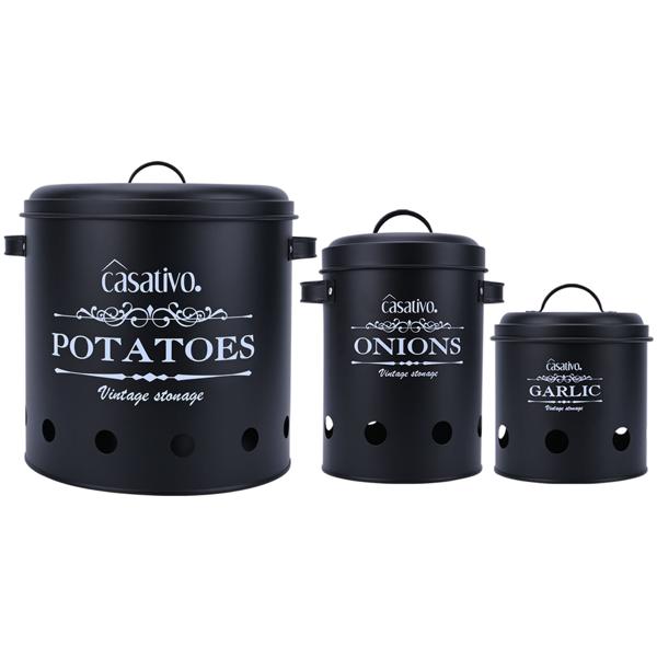 Stilvolle Vorratsbehälter, 3 Stück, Kartoffeln, Zwiebeln, Knoblauch, schwarz, praktische Aufbewahrungsbehälter mit Deckel und Luftlöchern