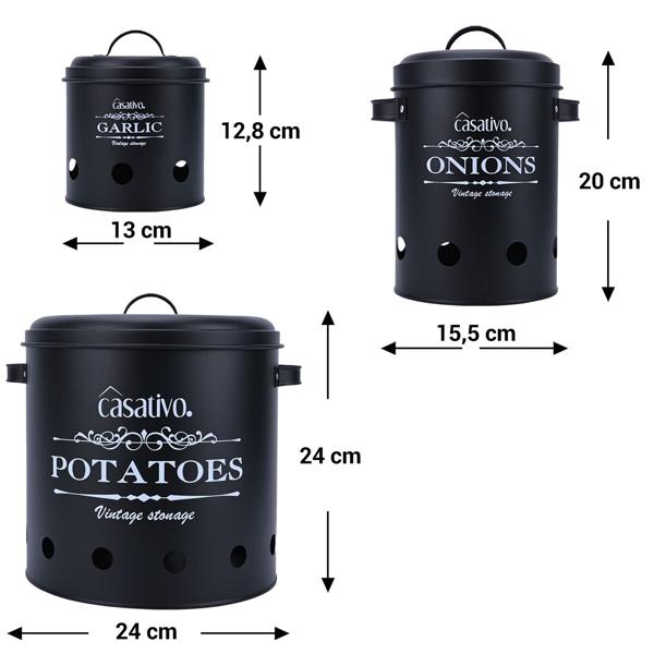 Stilvolle Vorratsbehälter, 3 Stück, Kartoffeln, Zwiebeln, Knoblauch, schwarz, praktische Aufbewahrungsbehälter mit Deckel und Luftlöchern