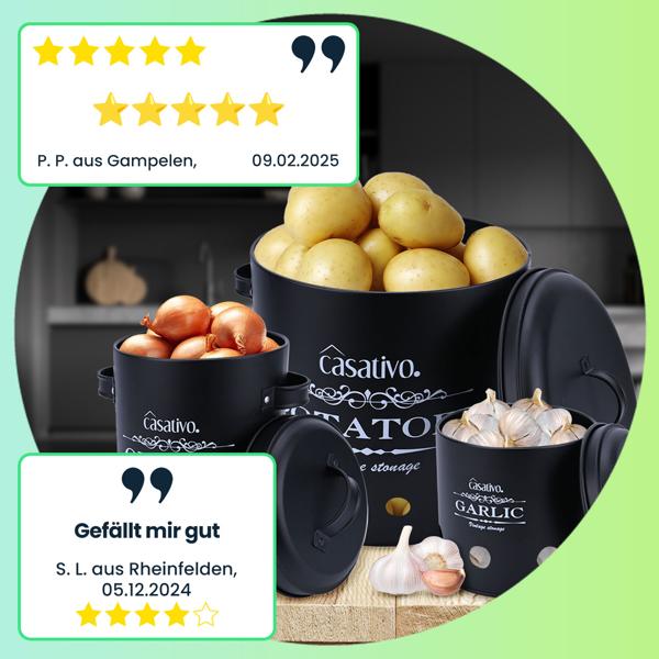 Stilvolle Vorratsbehälter, 3 Stück, Kartoffeln, Zwiebeln, Knoblauch, schwarz, praktische Aufbewahrungsbehälter mit Deckel und Luftlöchern