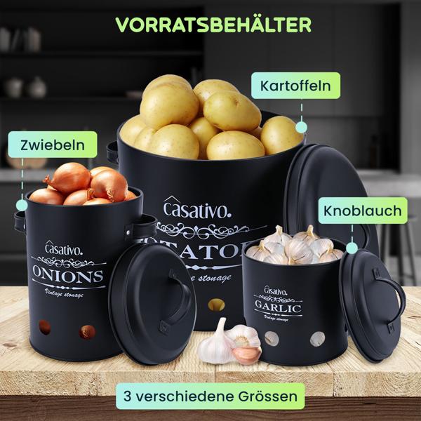 Stilvolle Vorratsbehälter, 3 Stück, Kartoffeln, Zwiebeln, Knoblauch, schwarz, praktische Aufbewahrungsbehälter mit Deckel und Luftlöchern