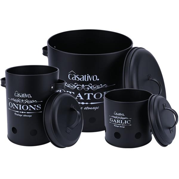 Stilvolle Vorratsbehälter, 3 Stück, Kartoffeln, Zwiebeln, Knoblauch, schwarz, praktische Aufbewahrungsbehälter mit Deckel und Luftlöchern