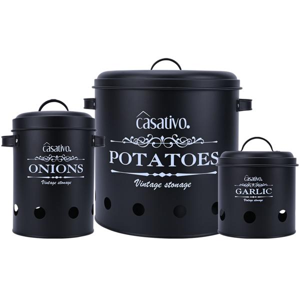 Stilvolle Vorratsbehälter, 3 Stück, Kartoffeln, Zwiebeln, Knoblauch, schwarz, praktische Aufbewahrungsbehälter mit Deckel und Luftlöchern