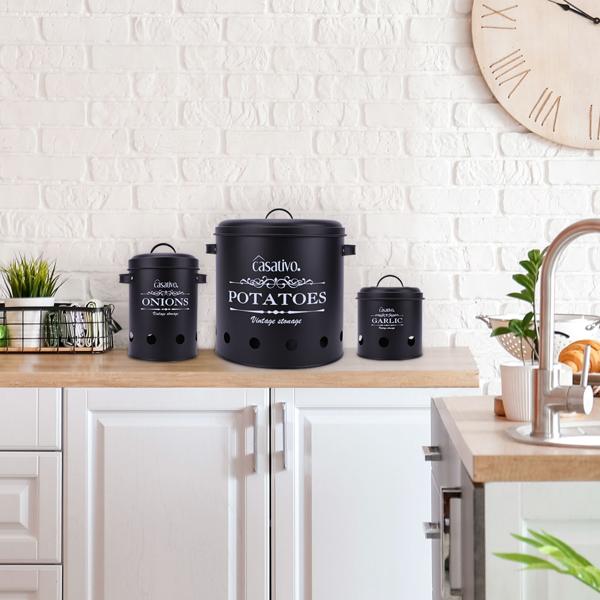 Stilvolle Vorratsbehälter, 3 Stück, Kartoffeln, Zwiebeln, Knoblauch, schwarz, praktische Aufbewahrungsbehälter mit Deckel und Luftlöchern