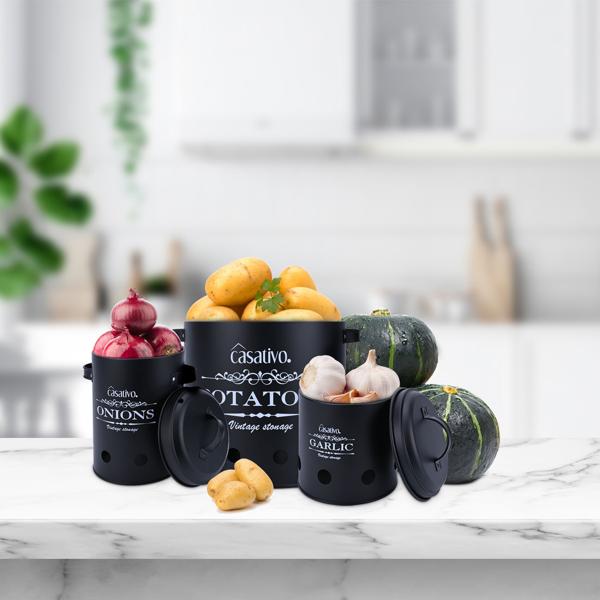 Stilvolle Vorratsbehälter, 3 Stück, Kartoffeln, Zwiebeln, Knoblauch, schwarz, praktische Aufbewahrungsbehälter mit Deckel und Luftlöchern