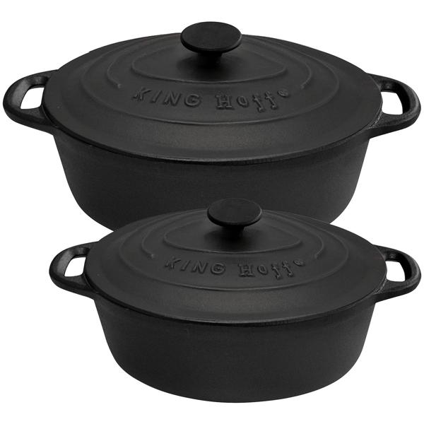 Hochwertiges 2er Set Gusseisenbräter oval (4,5L + 6,2L), schwarz, mit Deckel - Schmoren, Backen, Braten wie ein Profi - Langlebig & vielseitig