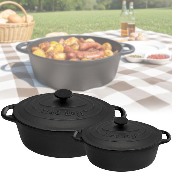 Hochwertiges 2er Set Gusseisenbräter oval (4,5L + 6,2L), schwarz, mit Deckel - Schmoren, Backen, Braten wie ein Profi - Langlebig & vielseitig