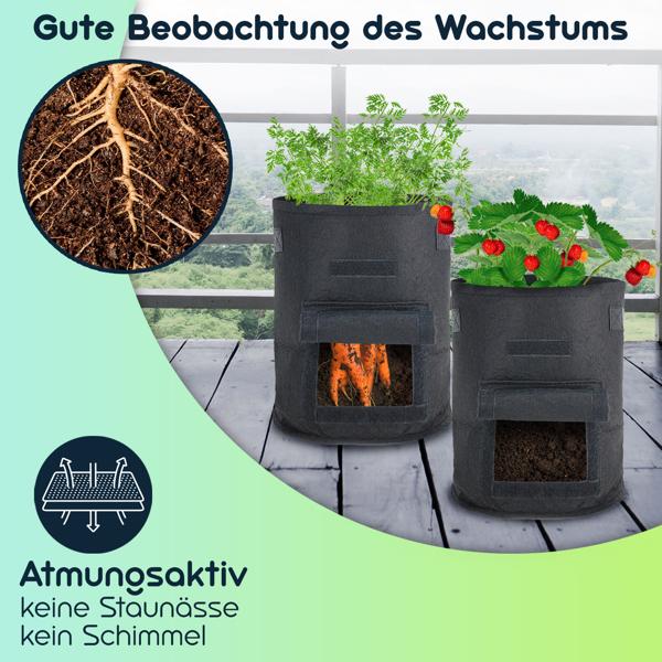 Atmungsaktive 10L Pflanzen-Wachstumssäcke aus Filz, 5er-Set, mit Tragegriffen und Sichtfenster, für Gemüse, Beeren und mehr, leicht und robust