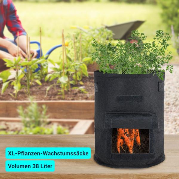 XL-Pflanzen-Wachstumssäcke, 2er-Set, mit Tragegriffen und Sichtfenster, je 38 l, wasserdurchlässig, Vliestopf für Kartoffeln, Zwiebeln, Karotten u.v.m