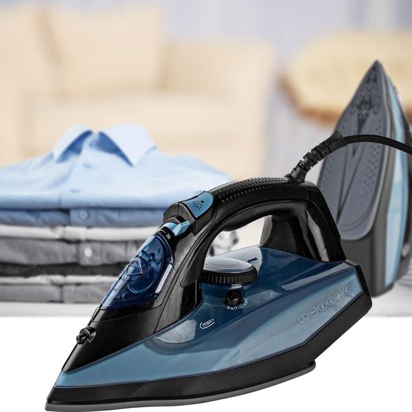 Leistungsstarkes Dampfbügeleisen mit Keramik-Bügelsohle, 2600 W, Anti-Kalk-System, 0,32 l Wassertank, vertikale Dampffunktion, blau-schwarz