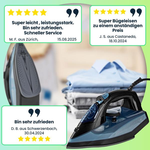 Leistungsstarkes Dampfbügeleisen mit Keramik-Bügelsohle, 2600 W, Anti-Kalk-System, 0,32 l Wassertank, vertikale Dampffunktion, blau-schwarz