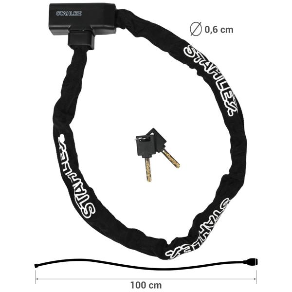 Kettenschloss 1m - Robuster Schlosskörper 6mm Stärke - Extrasicher für Fahrrad, Motorrad, Velo - Lackschutz Textilschlauch - Zinklegierung - Schwarz