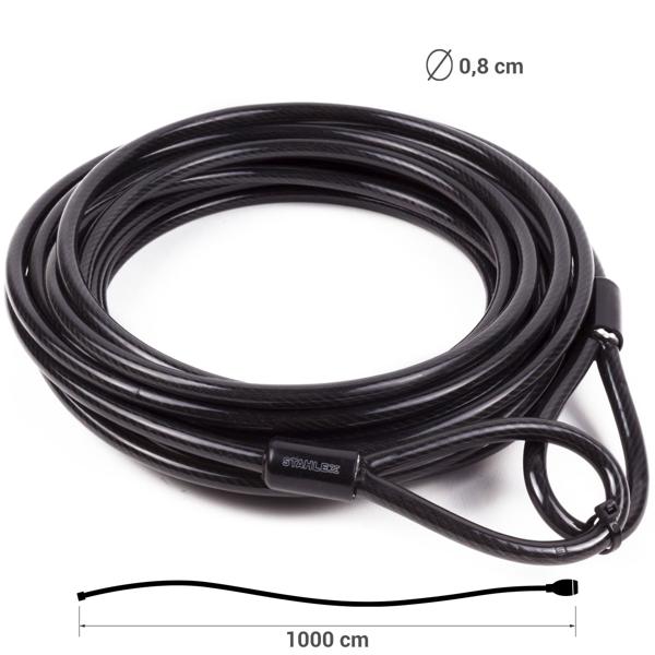 Stahlseil schwarz 10m x Ø 8mm - wetterfest Diebstahlschutz für Fahrräder Gartenmöbel & Objekte - robuste Kunststoff-Ummantelung mit 2 Schlaufen