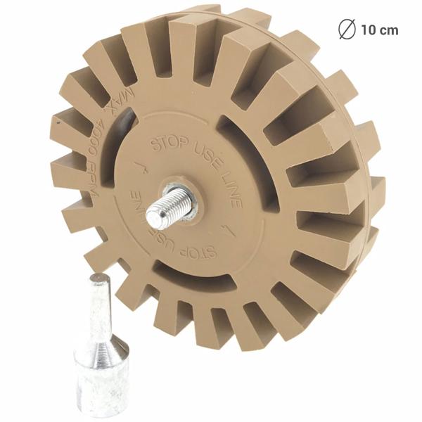 Folienradierer für Bohrmaschinen - Entfernt Aufkleber/Schriftzüge von Autos, Metall & Chrom - Ø 10 cm - Für Bohrmaschinen bis 4000 U/Min - inkl. Adapterdorn