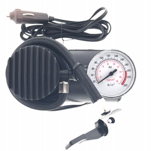 Luftkompressor mit Manometer - für Auto, Wohnwagen & Fahrräder - 12V, 250 psi, 2 Adapter, Nadelventil, 2.8m Kabel, 18-Zoll-Schlauch