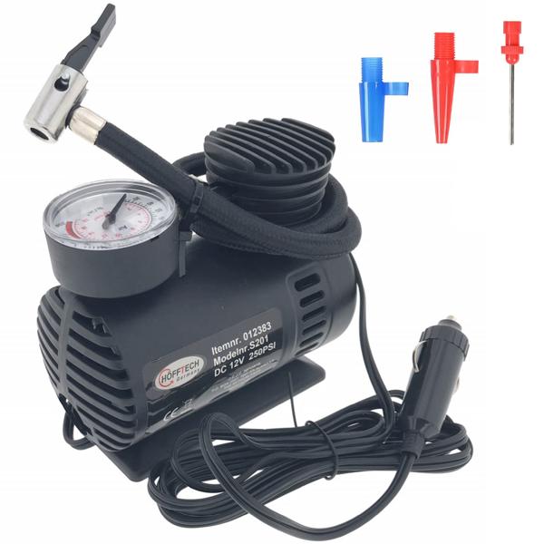 Luftkompressor mit Manometer - für Auto, Wohnwagen & Fahrräder - 12V, 250 psi, 2 Adapter, Nadelventil, 2.8m Kabel, 18-Zoll-Schlauch