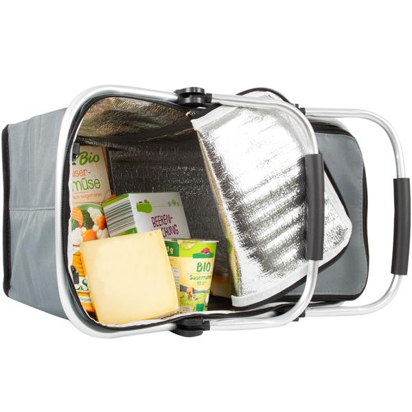 Robuster Thermo Einkaufskorb 30L grau, faltbar mit leichtem Alu-Rahmen - Hält Einkäufe perfekt kühl - Grosser stabiler Isolierkorb