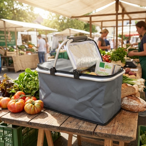 Robuster Thermo Einkaufskorb 30L grau, faltbar mit leichtem Alu-Rahmen - Hält Einkäufe perfekt kühl - Grosser stabiler Isolierkorb