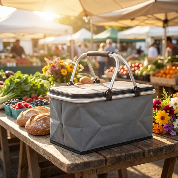 Robuster Thermo Einkaufskorb 30L grau, faltbar mit leichtem Alu-Rahmen - Hält Einkäufe perfekt kühl - Grosser stabiler Isolierkorb