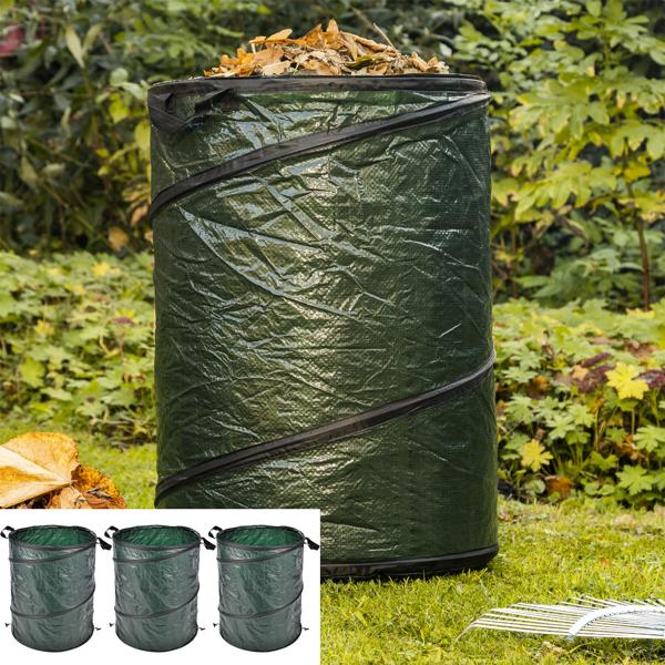 3er-Set Gartensack – 130L Volumen für Gartenarbeit, Laub & Abfall – Robust, langlebig, Polyester, mit Henkeln & grosser Öffnung – Grün, 50x68cm