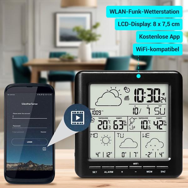 WLAN-Wetterstation mit Aussensensor: 4-Tage-Prognose, App-Zugriff weltweit, Schwarz – Übersichtliches Display für genaue Wetterdaten