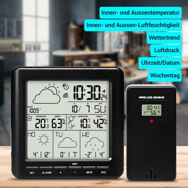 WLAN-Wetterstation mit Aussensensor: 4-Tage-Prognose, App-Zugriff weltweit, Schwarz – Übersichtliches Display für genaue Wetterdaten