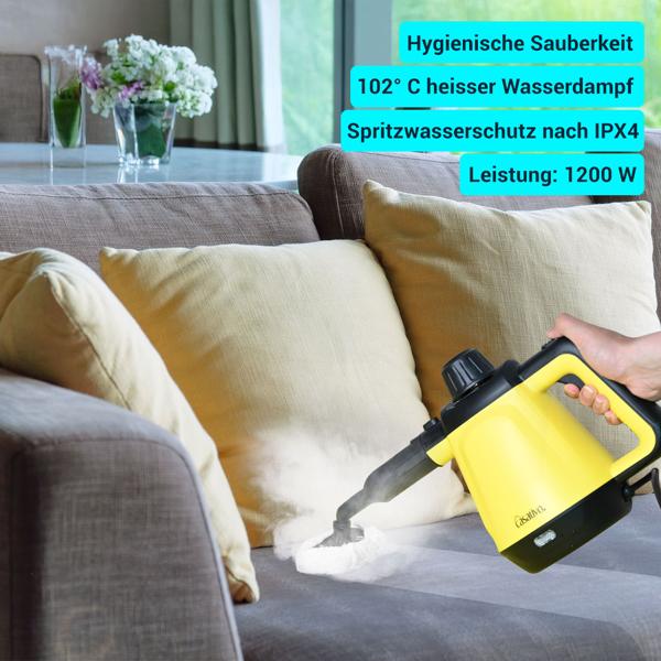 Premium Dampfreiniger, mobil, 3,5 bar Druck, 16 Zubehörteile-Aufsätze, kraftvolle 1.200W, gegen Fett u. Schmutz in Küche, Bad, Möbeln, Polstern, Auto