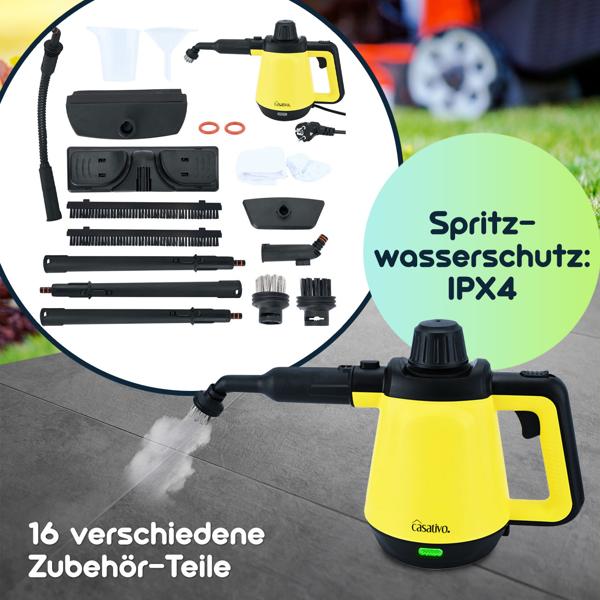 Premium Dampfreiniger, mobil, 3,5 bar Druck, 16 Zubehörteile-Aufsätze, kraftvolle 1.200W, gegen Fett u. Schmutz in Küche, Bad, Möbeln, Polstern, Auto