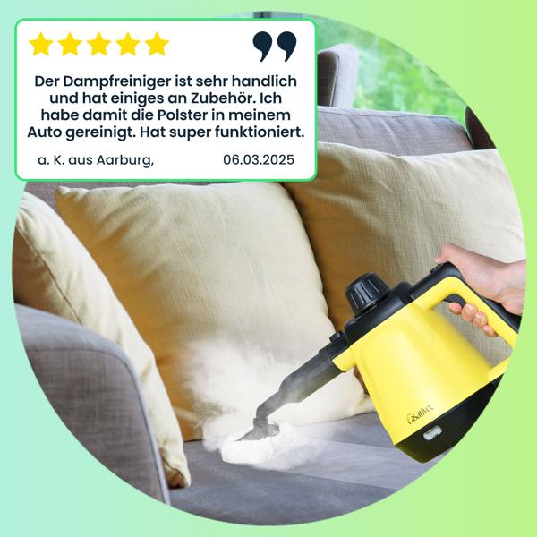 Premium Dampfreiniger, mobil, 3,5 bar Druck, 16 Zubehörteile-Aufsätze, kraftvolle 1.200W, gegen Fett u. Schmutz in Küche, Bad, Möbeln, Polstern, Auto