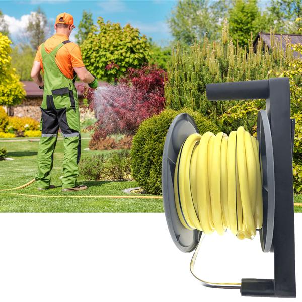 Praktische Schlauchtrommel-Garnitur: 25m Schlauch & Spritzdüse, Gelb-Schwarz – Effiziente Gartenbewässerung für jeden Gärtner