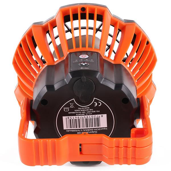 Camping Ventilator mit LED-Licht + Powerbank (5200mAh): 13x17cm, orange-schwarz - Starker Akku, ideal für Outdoor Abenteuer