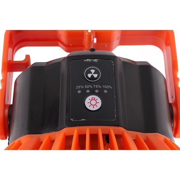 Camping Ventilator mit LED-Licht + Powerbank (5200mAh): 13x17cm, orange-schwarz - Starker Akku, ideal für Outdoor Abenteuer